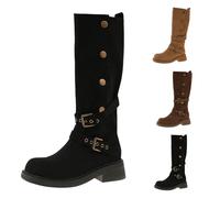 Bottines hautes élégantes vintage pour femme Chaussures militaires à talon large Tige large Bottine antidérapante Originales Boots en daim avec boucle pour l'hiver, l'automne et le printemps, Noir
