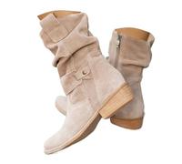 Bottines Larges Mollets pour Femme Bout Rond à Talon Bas Bottes mi-Mollet Cowboy Enfiler Bottine Hautes en Suédé Faux Boucle Marche Confortables Vintage Chaussures Santiags Automne Hiver