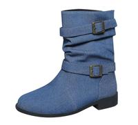 Bottines larges pour femme - Style vintage - Boucle en jean - Bout rond - Talon bas - Bottes de cowboy légères et confortables - Élégantes et polyvalentes - Couleur unie - Grande taille, bleu, 36 EU