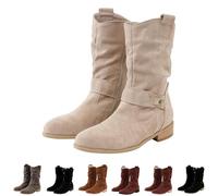 Bottines mi-hautes rétro vintage élégantes pour femme Chaussures mi-mollet militaires Fête Boots Talon bas Antidérapant Bottines à tige large Mode Bottine en daim pour l'hiver automne printemps, beige