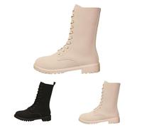 Bottines mi-mollet pour femme, élégantes, confortables, antidérapantes, bottines de motard classiques à bout rond et talon bas, bottes décontractées avec lacets et fermeture éclair, beige, 39.5 EU