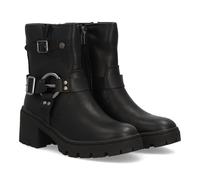 Bottines motardes pour femme, mi-mollet, fermeture éclair latérale. Double boucle décorative avec anneaux métalliques. Semelle épaisse et talon large. Idéales pour l'automne et l'hiver. Noir Talla 37