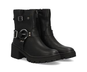 Bottines motardes pour femme, mi-mollet, fermeture éclair latérale. Double boucle décorative avec anneaux métalliques. Semelle épaisse et talon large. Idéales pour l'automne et l'hiver. Noir Talla 37