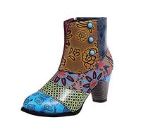 Bottines patchwork pour femme avec talon épais, style bohème vintage, bottes courtes pour femme, fermeture éclair latérale, bottines en relief floral, bout rond, design confortable, coutures