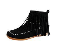 Bottines plates en daim pour femme avec franges - Élégantes - Bottes de cowboy courtes - Couleur unie - Bout rond - Bottes d'hiver longues à franges - Bottes de neige pour l'extérieur, Noir , 36 EU