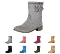 Bottines plates larges pour femme - En daim - Bout rond - Confortables - Bottes de cowgirl occidentales à talon bas - Avec boucle, gris, 36 EU