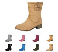 Bottines plates larges pour femme - En daim - Bout rond - Confortables - Bottes de cowgirl occidentales à talon bas - Avec boucle, beige, 36.5 EU