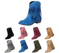 Bottines pour femme avec talon bloc vintage à franges - Bottes à enfiler - Bottes de cowboy classiques - Bottes mi-hautes pour femme - Bottes médiévales - Bottes de transition, bleu, 38 EU