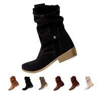 Bottines pour femme avec talon - Bottes basses élégantes à enfiler en daim Bottes de cowboy mi-hautes Bottes d'hiver à bout rond Bottes western antidérapantes Bottes d'hiver pour femme, Noir , 37 EU