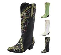 Bottines pour femme avec talon pointu - Bottes de cowboy pour femme - Bottes western avec talon entonnoir brodé - Bottes d'équitation mi-hautes en cuir synthétique - Bottes d'hiver surdimensionnées