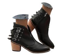 Bottines pour femme - Bottes courtes pour femme - Grande taille - Avec cinq ceintures - Bottes européennes en cuir pointu avec talon épais et chaussures de costume sur le côté - Noir, Noir , 39 EU