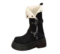 Bottines pour femme de style britannique - Bottes de neige d'hiver doublées de fausse fourrure pour femme Bottines à plateforme à talon bloc épais Bottines mi-mollet avec boucles de ceinture