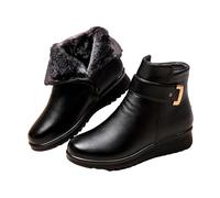 Bottines pour femme - Doublées - En cuir noir - Courtes - Avec fermeture éclair - Bottes en cuir souple - Chaussures plates à enfiler - Thermiques - En cuir synthétique - Antidérapantes, Noir , 37 EU