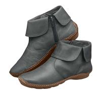 Bottines pour femme - En cuir synthétique - Avec fermeture éclair - Style vintage - Courtes - Classiques et tendance - Bottines plates en cuir synthétique - Bout rond - Profondeur de transition, gris