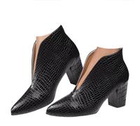 Bottines pour femme en cuir verni avec motif fendu et bout pointu rétro à talon bas respirant et léger pour femme, Eblack, 36.5 EU