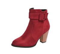 Bottines pour femme en daim avec sangle à boucle - Talon bloc - Fermeture éclair intérieure - Bout en amande - Talon haut empilé - Languette latérale - Style décontracté et confortable
