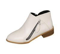 Bottines pour femme en simili cuir à talon bloc Fermeture éclair latérale Languette à bout rond Grain de bois Talon bas empilé Classique Décontracté Confort Mode Bureau Business Chaussures, beige