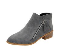 Bottines pour femme en simili cuir à talon bloc Fermeture éclair latérale Languette à bout rond Grain de bois Talon bas empilé Classique Décontracté Confort Mode Bureau Business Chaussures, gris, 40