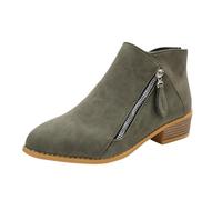 Bottines pour femme en simili cuir à talon bloc Fermeture éclair latérale Languette à bout rond Grain de bois Talon bas empilé Classique Décontracté Confort Mode Bureau Business Chaussures, Vert, 38.5
