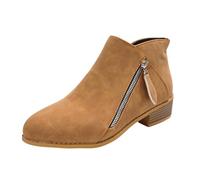 Bottines pour femme en simili cuir à talon bloc Fermeture éclair latérale Languette à bout rond Grain de bois Talon bas empilé Classique Décontracté Confort Mode Bureau Business Chaussures, marron