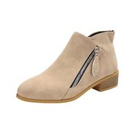 Bottines pour femme en simili cuir à talon bloc Fermeture éclair latérale Languette à bout rond Grain de bois Talon bas empilé Classique Décontracté Confort Mode Bureau Business Chaussures, kaki, 38