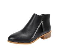 Bottines pour femme en simili cuir à talon bloc Fermeture éclair latérale Languette à bout rond Grain de bois Talon bas empilé Classique Décontracté Confort Mode Bureau Business Chaussures, Noir