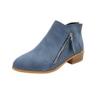 Bottines pour femme en simili cuir à talon bloc Fermeture éclair latérale Languette à bout rond Grain de bois Talon bas empilé Classique Décontracté Confort Mode Bureau Business Chaussures, bleu, 37