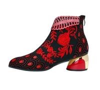Bottines pour femme - Noir - Avec talon compensé - En cuir - Talon bloc - Bottes de neige - Motif floral - Talons hauts - Bottes de randonnée élégantes - Chaussures d'extérieur pour femme, rouge, 42