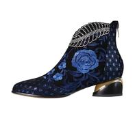 Bottines pour femme - Noir - Avec talon compensé - En cuir - Talon bloc - Bottes de neige - Motif floral - Talons hauts - Bottes de randonnée élégantes - Chaussures d'extérieur pour femme, bleu, 41 EU