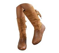 Bottines pour Femmes Fermeture éclair Latérale Classique avec Sangle de Boucle Bottes Hautes au Genou Longues Confortable Bottes de Combat Décontractées Bottes Larges Western Tendance