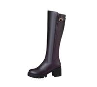 Bottines pour femmes Hautes Genoux Talon moyen Femelle Bottillons Confortable Chaudes Souple Bottes Femelles Casual classiques cuir véritable à talon carré Femmes Boot Moderne Mode Cuir Verni