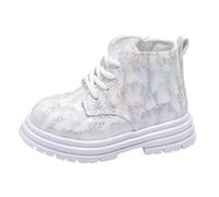 Bottines pour fille et enfant - Bottines brillantes à lacets avec fermeture éclair - Bottines courtes imperméables pour l'école - Bottes pour l'automne et l'hiver - Bottes vernies, Blanc., 24 EU