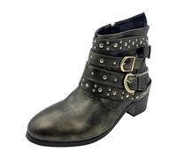 Bottines punk pour femme avec sangle à boucle et clous - Bottines western à talon bloc avec détail de chaîne - Bottes de style motard rétro pour femme - Semelle intérieure rembourrée, bout pointu
