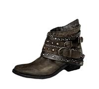 Bottines punk pour femme avec sangle à boucle et clous - Bottines western à talon bloc avec détail de chaîne - Bottes de style motard rétro pour femme - Semelle intérieure rembourrée, bout pointu