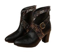 Bottines rétro Chelsea pour femme avec fermeture éclair à l'arrière et boucle florale, patchwork confortable, bout rond, talon bloc, hiver, Noir , 37.5 EU