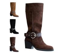 Bottines rétro tendance et originales pour femme Talon large Confortable Chaussures antidérapantes en daim avec boucle pour l'hiver, l'automne et le printemps, Café, 38 EU