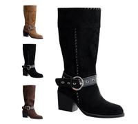 Bottines rétro tendance et originales pour femme Talon large Confortable Chaussures antidérapantes en daim avec boucle pour l'hiver, l'automne et le printemps, Noir , 41 EU