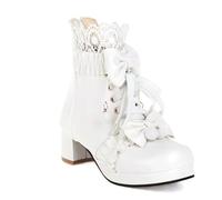 Bottines Student Sweet Avec Nœuds 2023 Nouvelles Bottes Courtes À Lacets for Femmes Booties De Cosplay Lolita Ankle Boots En Cuir PU À Talon Bloc Chaussures À Cheville Élégantes ( Color : White , Size