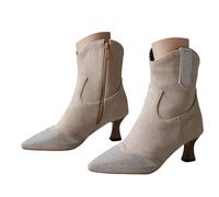 Bottines style western à enfiler à bout pointu et à talon bas pour femme, beige, 39.5 EU