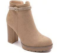 Bottines taupe avec talon moyen et fermeture éclair dorée - simplicité raffinée et confort quotidien Style affirmé avec des embouts noirs en suédine, habillés d'un strass finesse noué autour de la che
