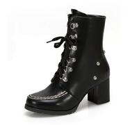 Bottines tendance à lacets pour femme avec décoration cloutée et talon bloc confortable Bout rond Chaussures punk d'hiver, Noir , 38.5 EU