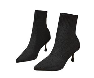 Bottines tricotées à bout pointu pour femme - Élégantes chaussures à talon aiguille - Chaussures décontractées et rendez-vous galantes, Noir , 37 EU