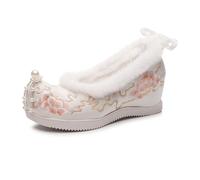 Bottines Vintage À Broderies Florales pour Femmes Chaussures d'hiver Chaudes Et Doublées De Peluche Shoes De Scène Traditionnelles Chinoises Ornées De Pompons Et De Perles(40 EU)