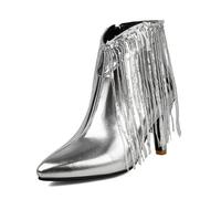 Bottines western à bout pointu pour femme, tendance, brillant, patchwork, bloc à talons hauts, chaussures décontractées, Argenté., 41 EU