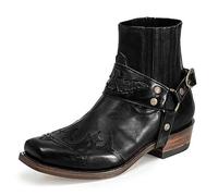 Bottines Western pour Hommes Boucle Sangle Botte Rétro Cuir Bout Carré Cowboy Bottes Courtes Moto Noir 42