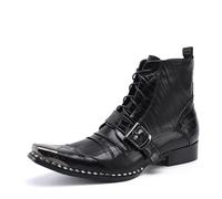 Bottines western tendance pour homme en métal à bout carré en cuir véritable à lacets avec fermeture éclair et sangle moine Chelsea confortables décontractées, Noir , 41 1/3 EU