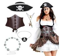 Bottone Lot de 5 accessoires de costume de pirate d'Halloween, chapeau de pirate, corset médiéval pour les yeux, ceinture pour cosplay, chaîne de taille
