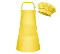 BOUBONI Tablier et toque de chef pour enfant - Tablier artistique réglable avec 2 poches - Toque et tablier pour la cuisine, la pâtisserie et la peinture, F-jaune, S