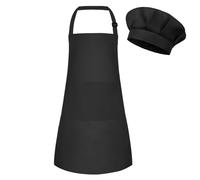 BOUBONI Tablier et toque de chef pour enfant - Tablier d'art, réglable, avec 2 poches, toque de chef et tablier pour la cuisine, la pâtisserie et la peinture (noir), b-noir, S