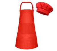 BOUBONI Tablier et toque de chef pour enfant - Tablier d'art, réglable, avec 2 poches, toque de chef et tablier pour la cuisine, la pâtisserie et la peinture (rouge), c-rouge, S